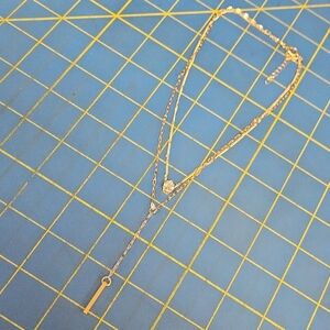 Layered Gold Tone Bar 16" Y-Chain & 14" Tear Drop Faux Diamond  2" Extender New